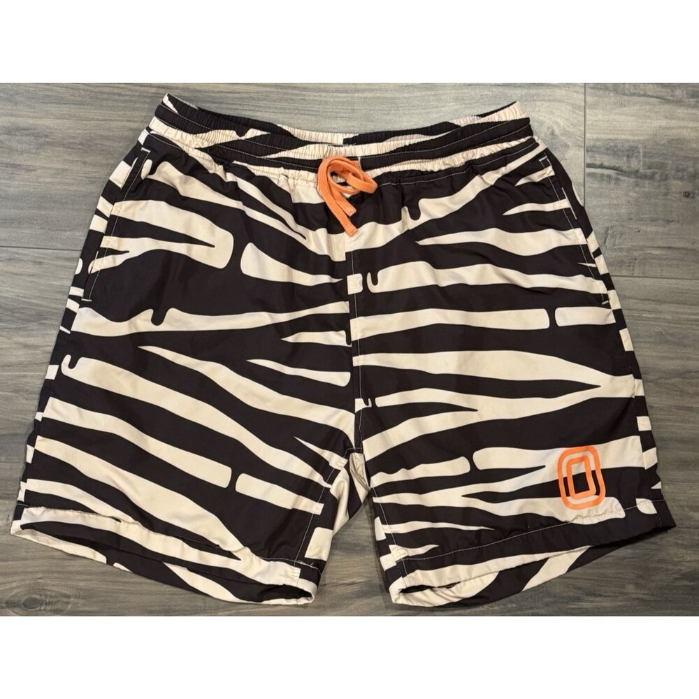 Overtime Men's Swim Trunks Zebra Like Print With Orange Logo, Brown, Size Small